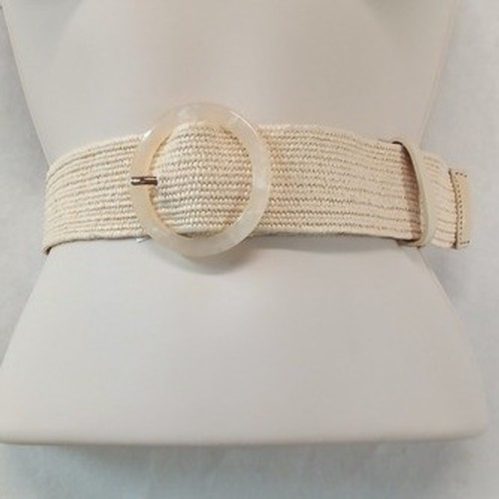 J. Crew Womens Natural Woven Straw Stretch Belt Marbled Resin Buckle B0920 S/M - Picture 1 of 10